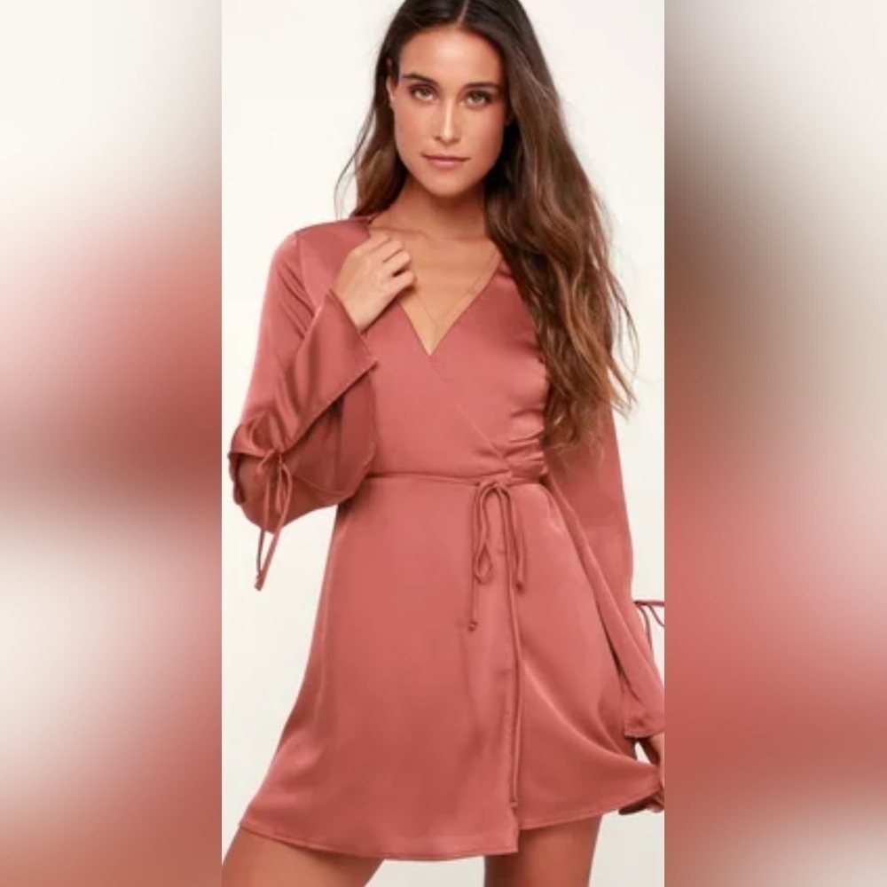 Lulus Refined Finesse Rusty Rose Long Sleeve Wrap Dress Size XS